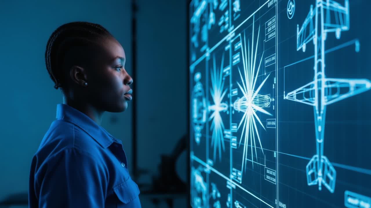 Focused Engineer Analyzing Advanced Aircraft Designs on Digital Displays, Demonstrating Innovation and Technical Expertise in Aerospace Engineering Visualizations