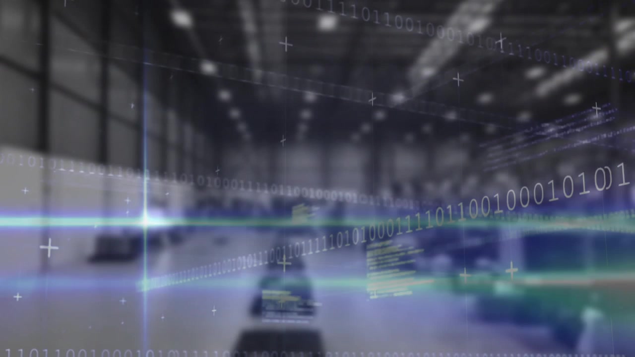 Upon scanning beam activating code and binary streams drifting across aisle to show data flow