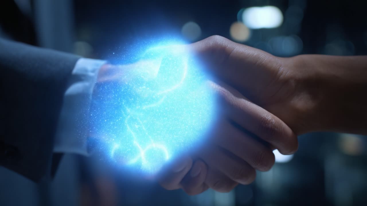 A Vibrant Digital Handshake Symbolizing Collaboration and Connection in a Technologically Advanced Environment