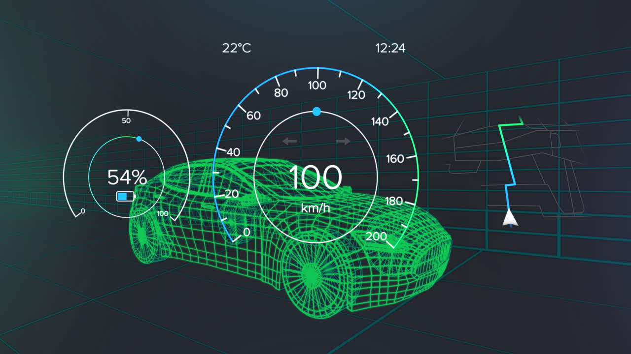 Animation of speedometer, gps and charge status data on vehicle interface, over 3d car model