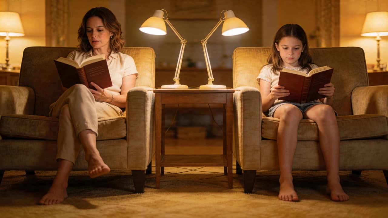 Coppia che legge, con un adulto che gira pagina dopo essersi sistemato per continuare a leggere libri con copertina rigida a casa, con una lampada.