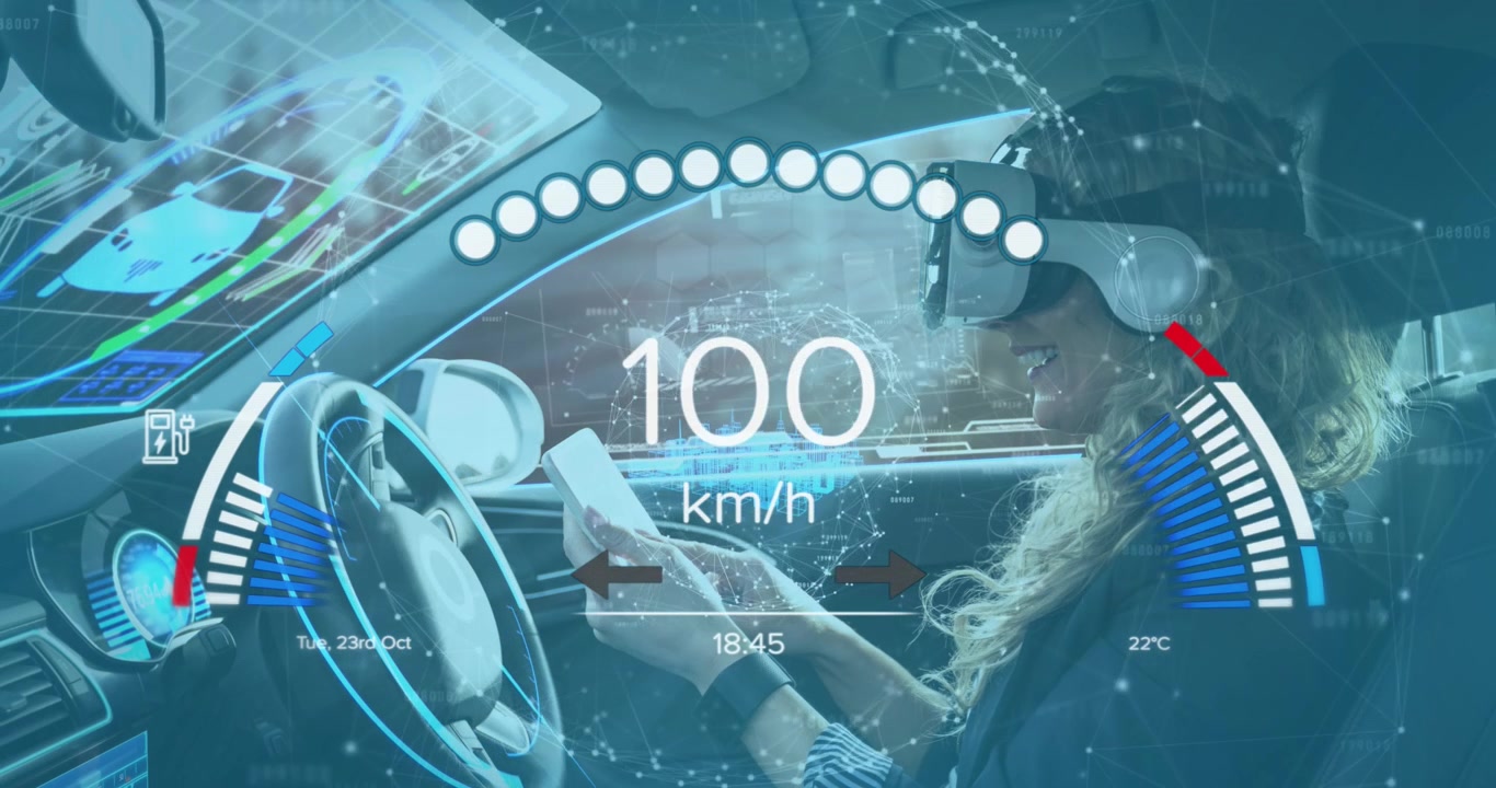 Animazione di un tachimetro su una donna caucasica con visore VR che guida un'auto elettrica.