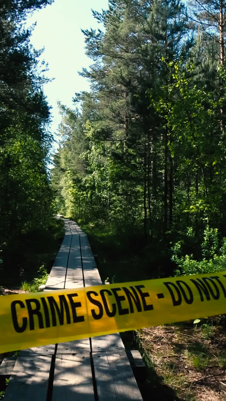 Yellow crime scene do not enter tape ribbon pulled on top and in front of a marshland bog or a wetland wooden boardwalk during a sunny day indicating a crime has happened. The path goes into distance