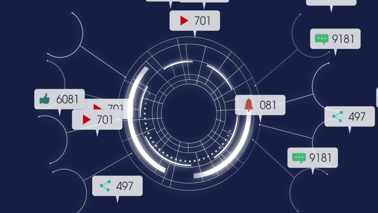 파란색 배경에 회전하는 스캐너 위에 떠다니는 소셜 미디어 아이콘의 애니메이션