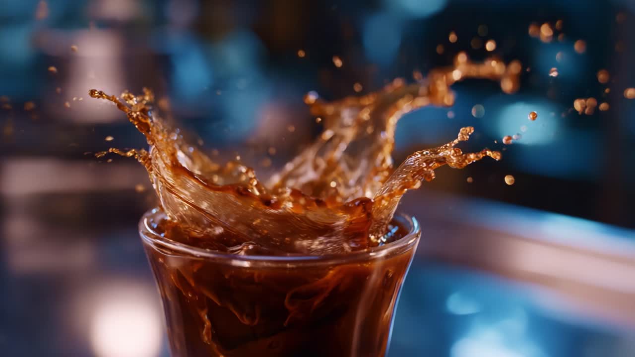 Primo piano dinamico di un caffè che si rovescia: un'ipnotica ripresa al rallentatore che mette in mostra l'energia e il movimento fluido del liquido in un contenitore di vetro