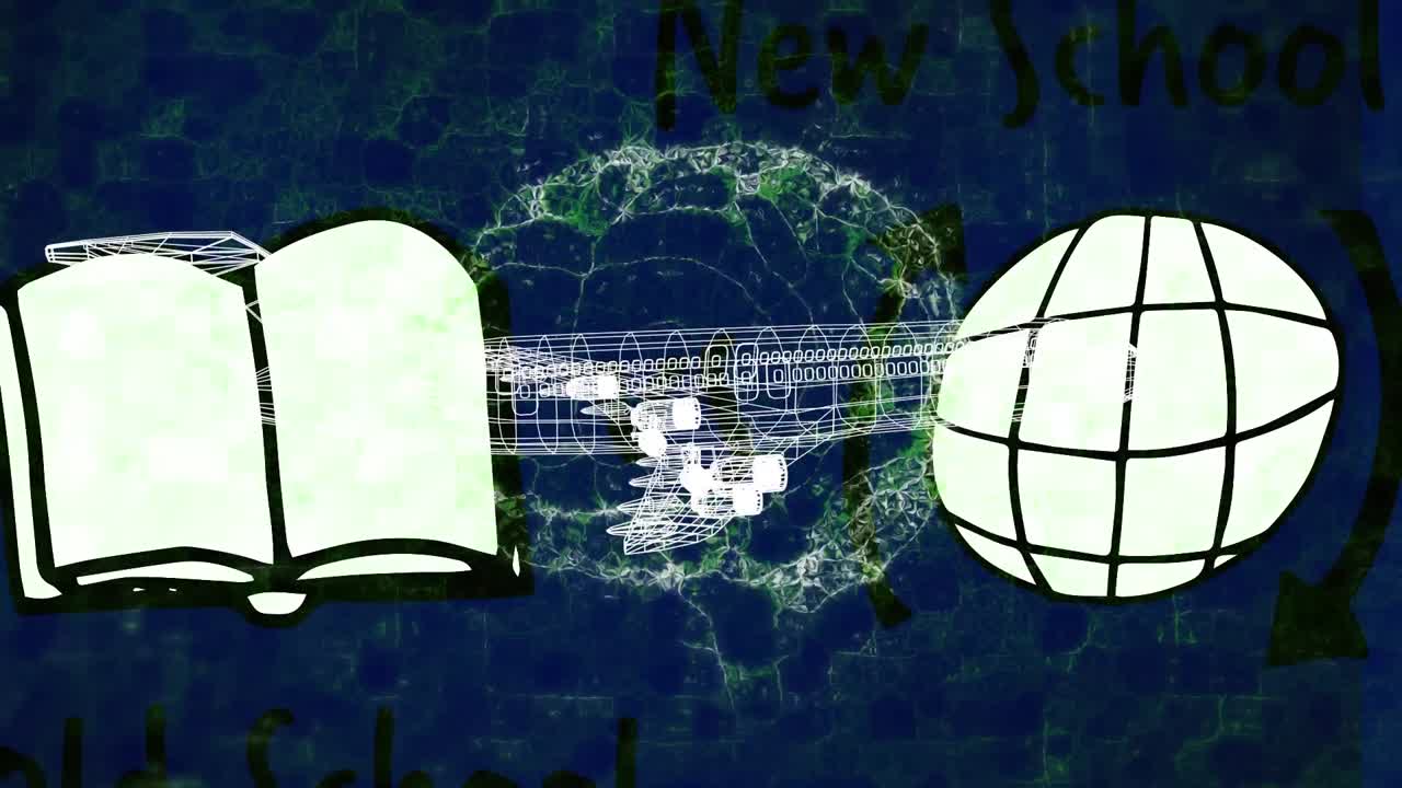 animación de cerebro digital y modelo de avión 3d girando sobre iconos escolares en fondo azul