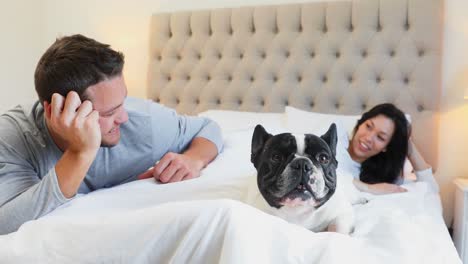 Pareja-Con-Perro-Pug-Interactuando-Entre-Sí-En-La-Cama-4k