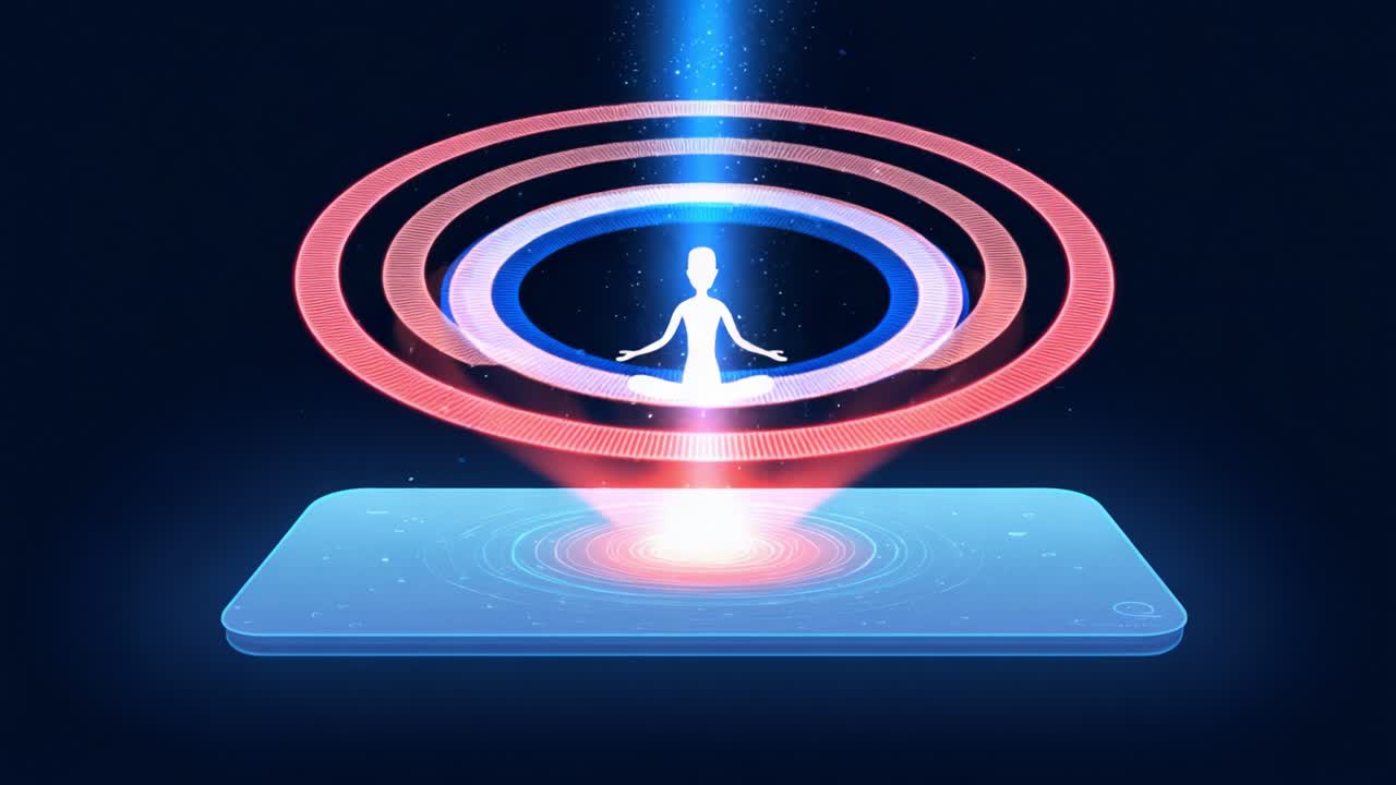 A mesmerizing visual representation of tranquility and meditation, where a figure levitates above a glowing surface, enveloped in cosmic energy and surrounded by intricate light patterns