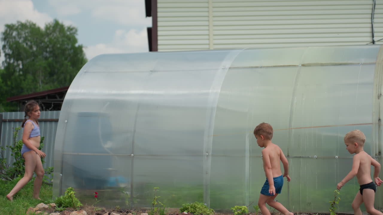 Older Sister Supervising Boys Near Plastic Greenhouse In Sunny Garden, Attentive Sibling Role As Younger Children Run And Explore Vegetable Beds, Calm Watchfulness And Playful Interaction In Backyard
