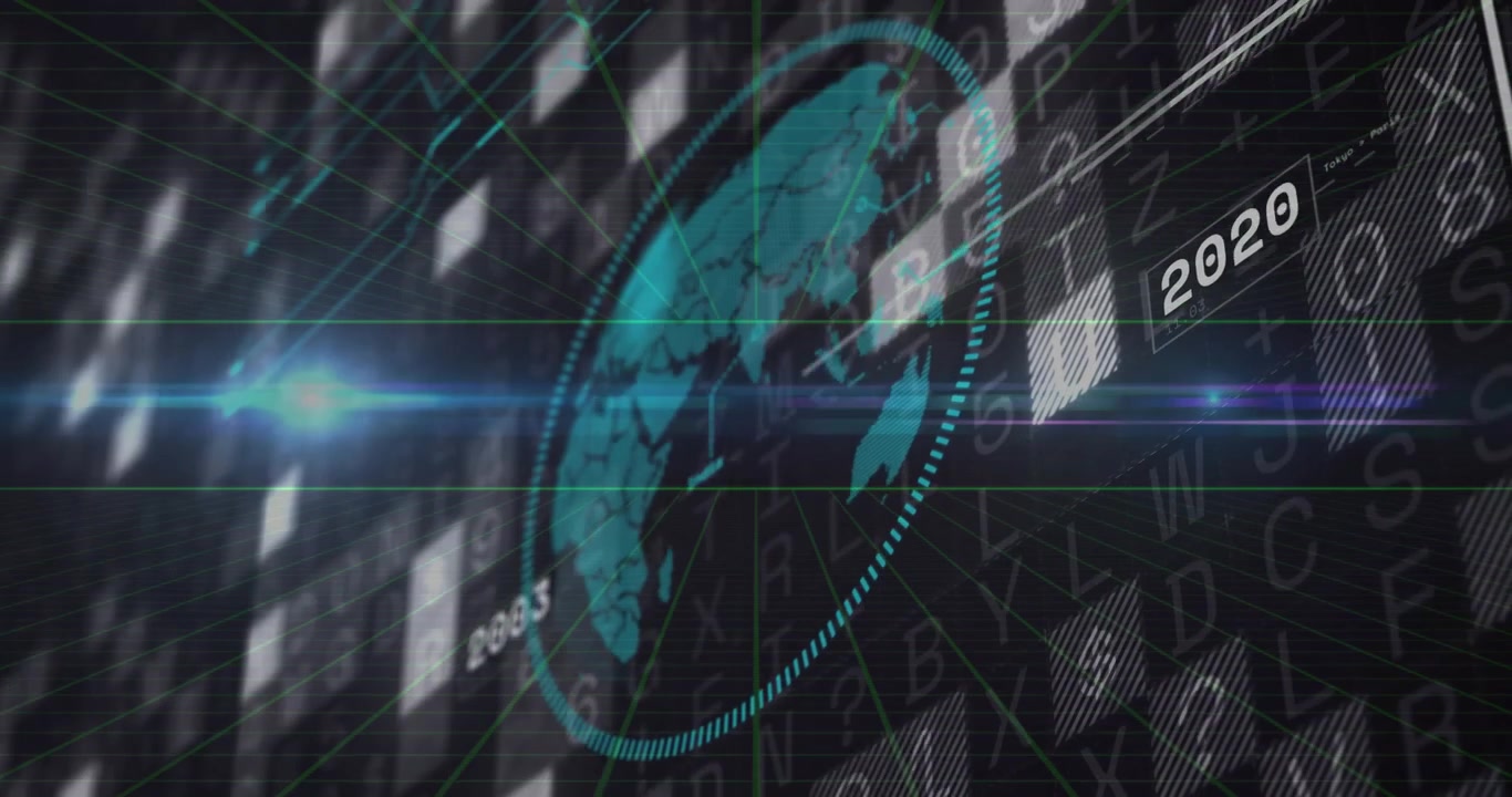 Lens flare sweeping activating rotating digital globe showing year labels jumping over data grid