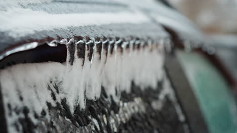 close-up of frosted car window covered in icicles and snow with blurred winter background, capturing frozen textures, icy details, and the cold atmosphere of an overcast day