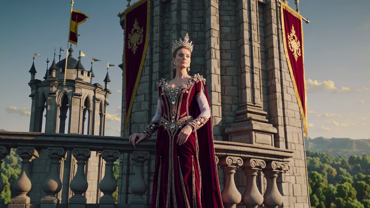 A regal figure in ornate attire waves from a castle balcony