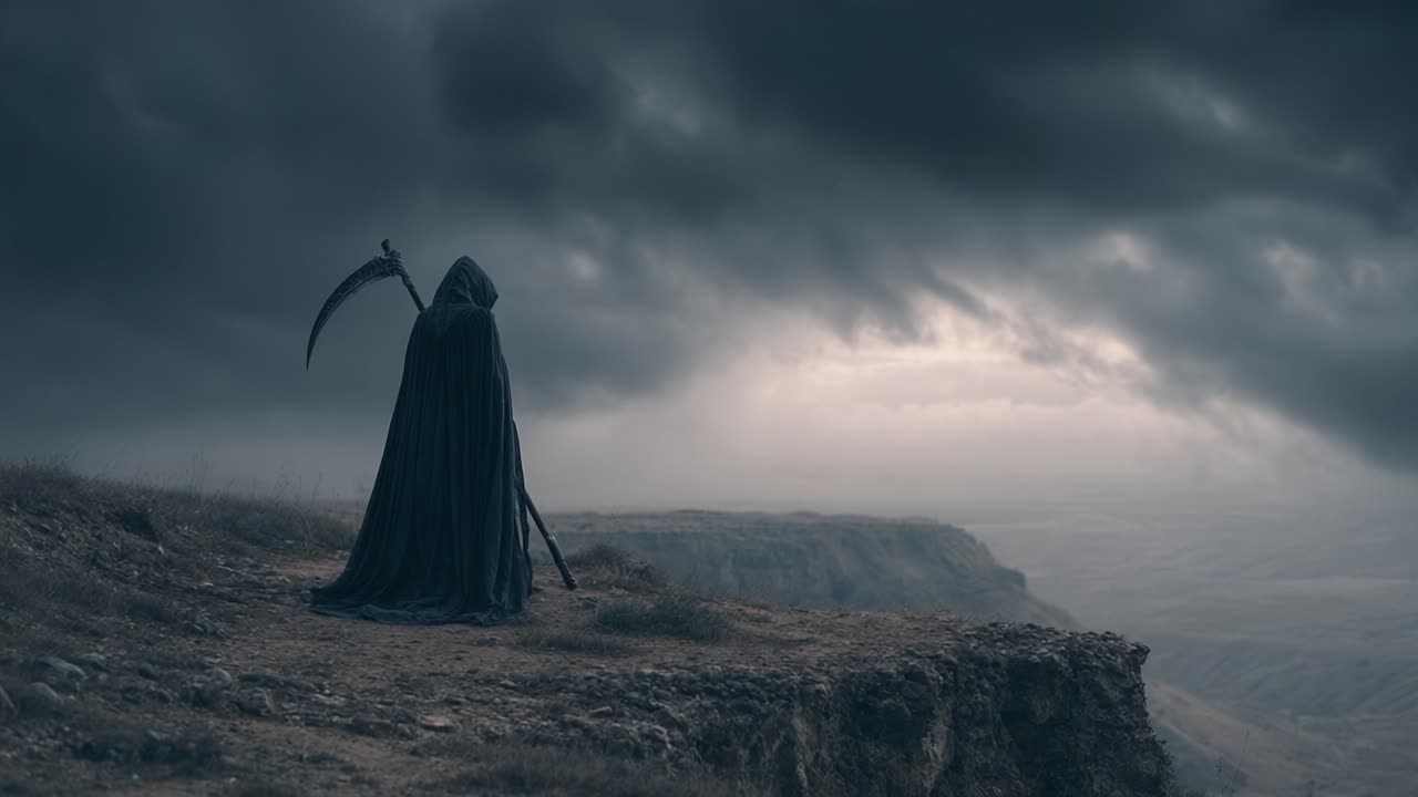 En mystisk skikkelse iført mørk kappe står på kanten af en klint, omgivet af ildevarslende himmel og dramatiske skyer, hvilket fremkalder en atmosfære af forudanelse og spænding.