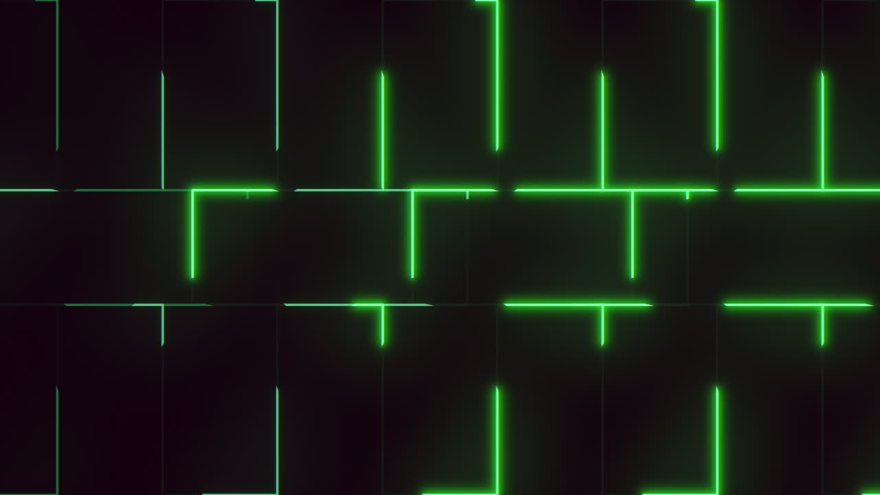 Vibrant grid of green neon lights illuminates a futuristic wall