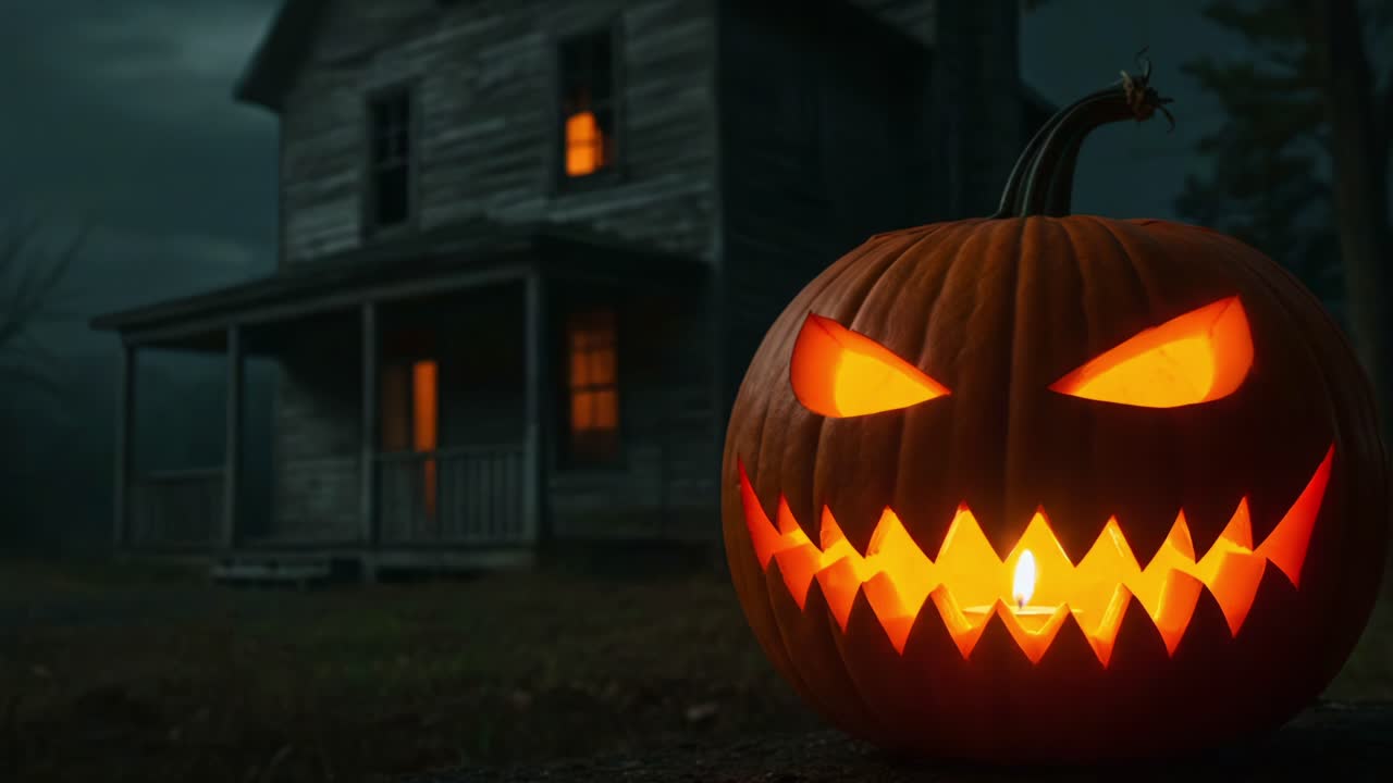 A menacing jack-o'-lantern glows ominously in front of a dark, eerie house, setting the perfect Halloween mood with haunting shadows and a spooky atmosphere