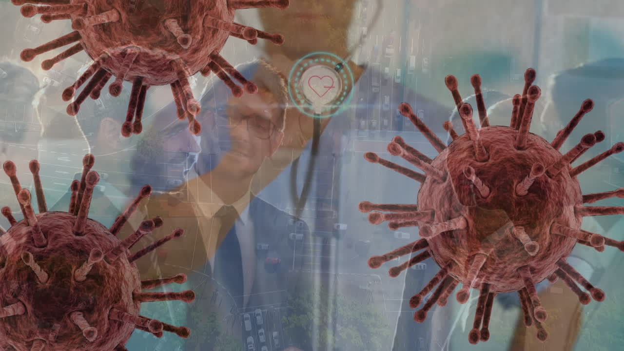 animación de células de covid-19 flotando sobre un médico caucásico con un estetoscopio