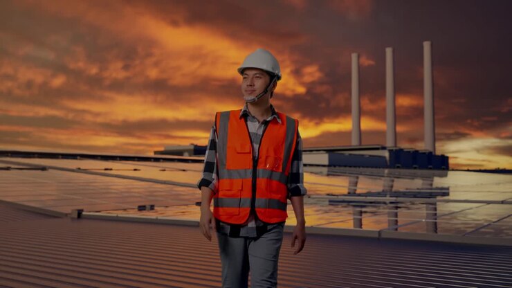 Front View of Asian Male Engineer Waving Hand Saying Bye While Walking and Inspecting Solar Panels on Rooftop at Sunset