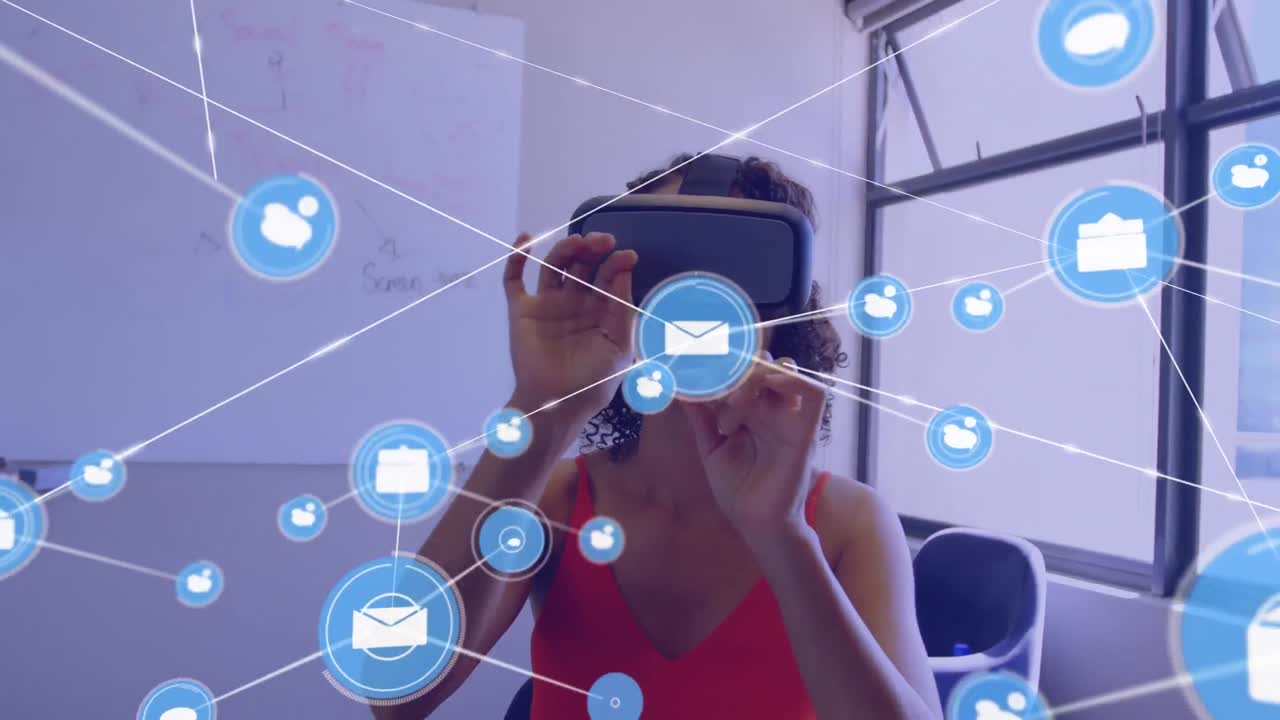 animación de una red de conexiones con iconos sobre una mujer de negocios biracial usando auriculares vr