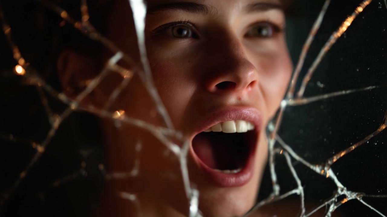 Una potente espressione di emozione catturata attraverso uno specchio frantumato, evidenziando l'intensità dei sentimenti e la fragilità dell'immagine di sé in un momento visivo sorprendente