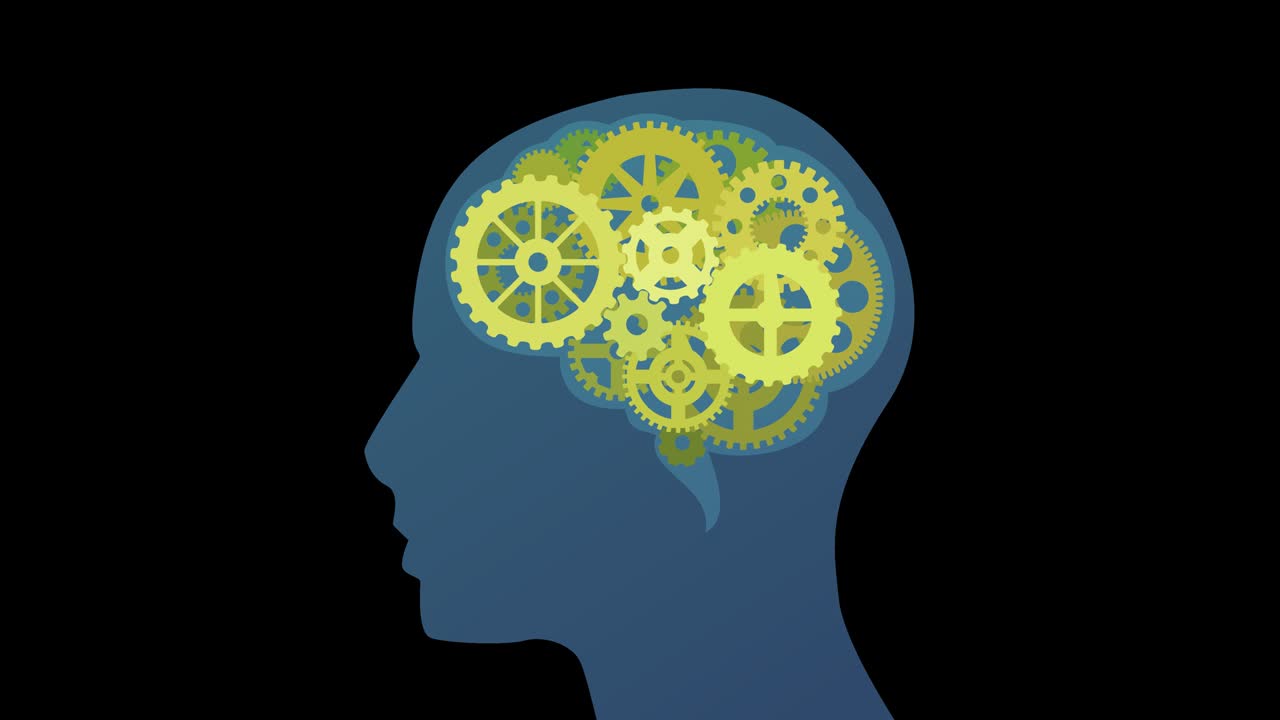 Loop animation of a silhouette of a man with gears in the brain with alpha channel (flat design)