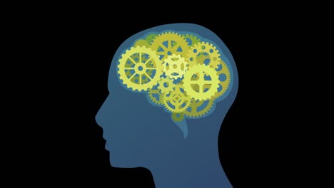 animación en bucle de una silueta de un hombre con engranajes en el cerebro con canal alfa (diseño plano)