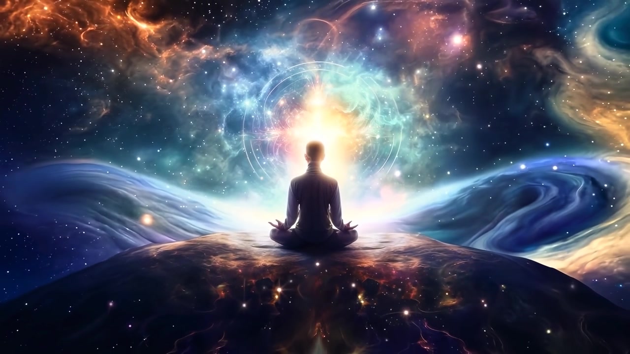 Meditazione spirituale in un vibrante universo cosmico.