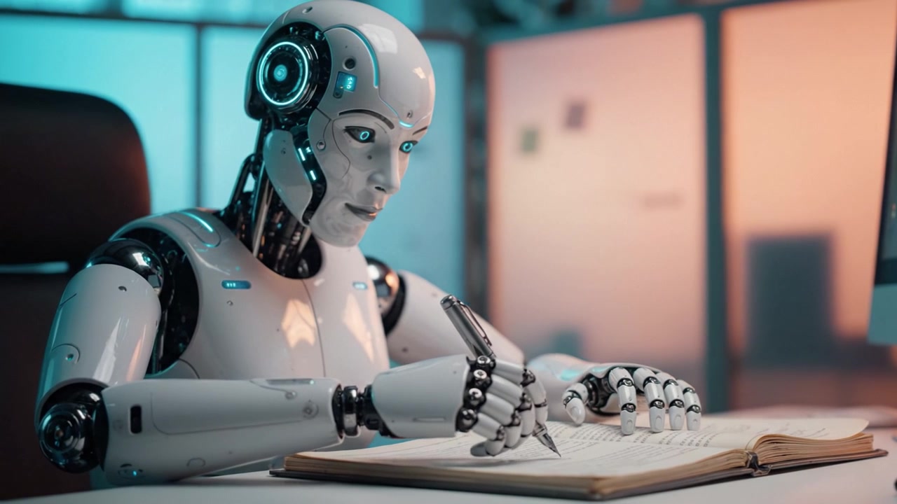 Una figura robotica si dedica alla scrittura all'interno di uno spazio di lavoro moderno, mostrando tecnologia avanzata e intelligenza artificiale che si fondono in un ambiente creativo.