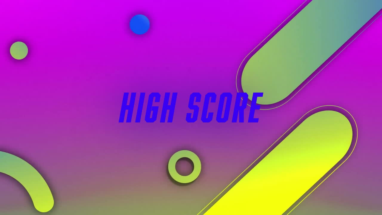 High score text animation over colorful geometric shapes on gradient background