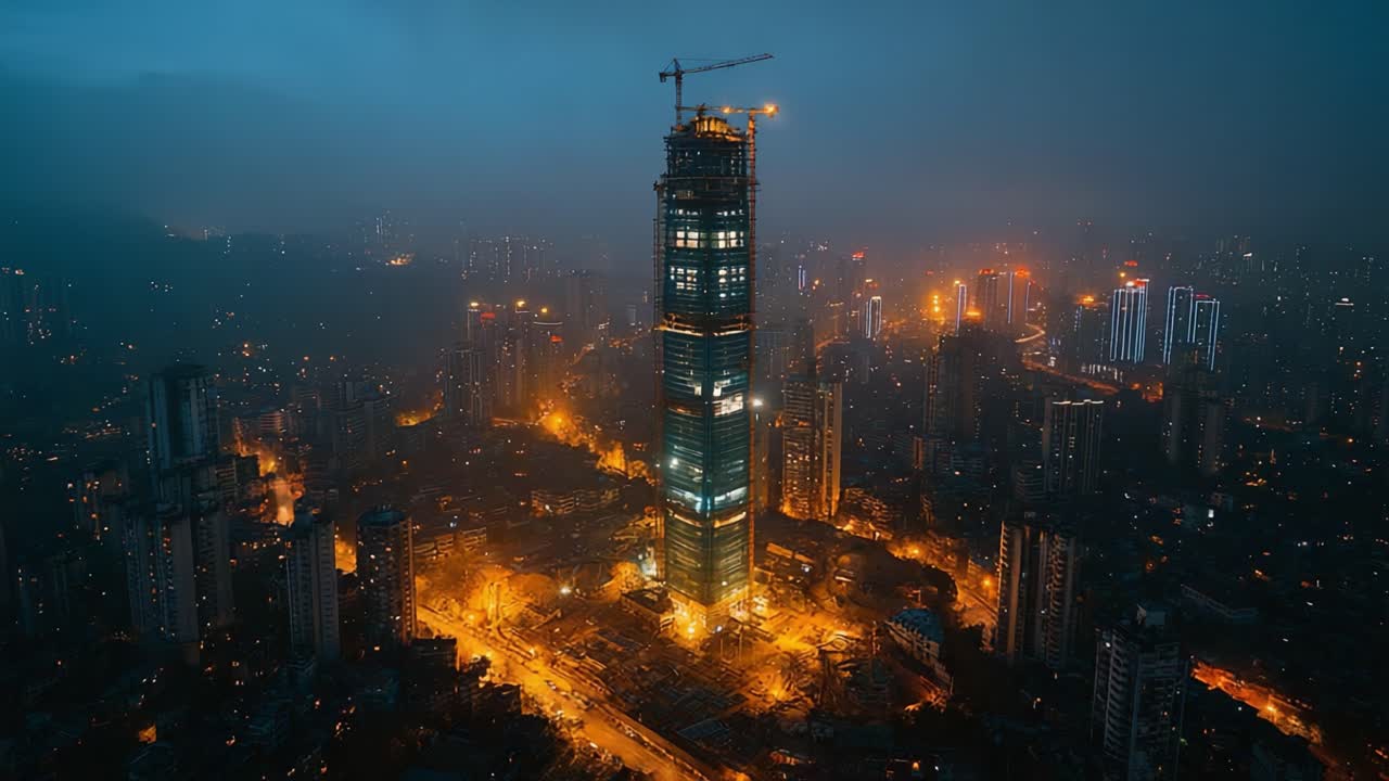 Uma Transformação Deslumbrante de um Horizonte Urbano: Do Amanhecer ao Anoitecer, Testemunhe a Torre Brilhante Surgir Em Meio às Luzes Vibrantes da Cidade.