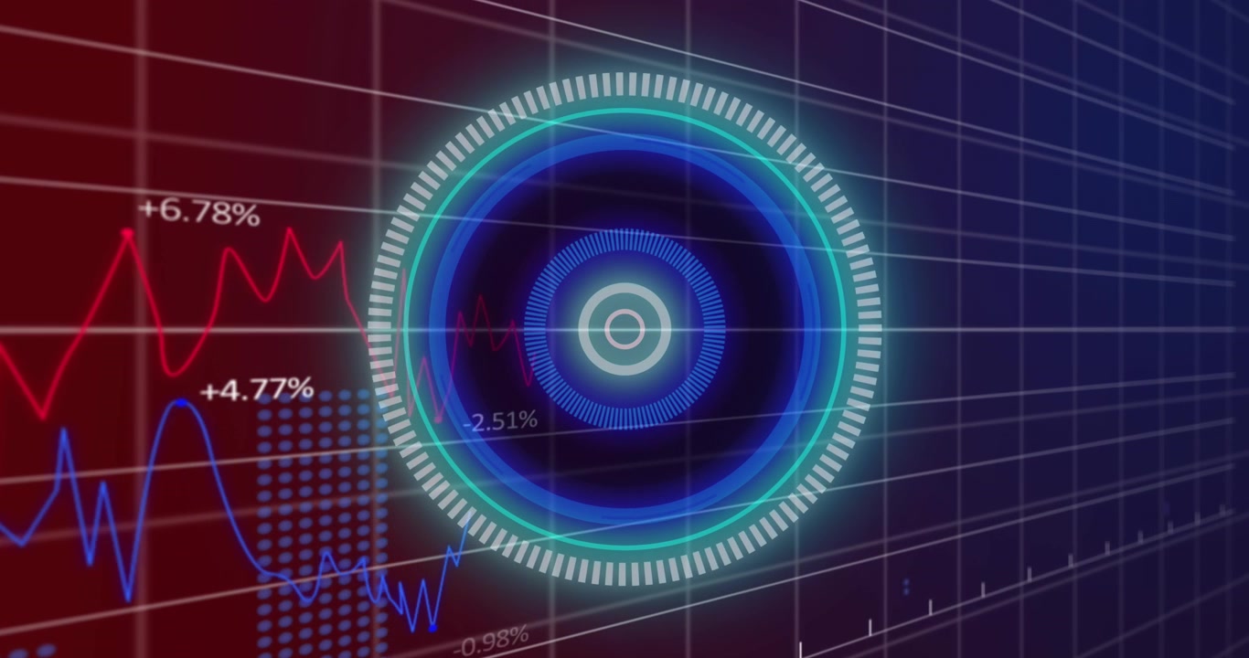 Animazione di uno scanner rotondo al neon e elaborazione dati statistici su sfondo sfumato viola.