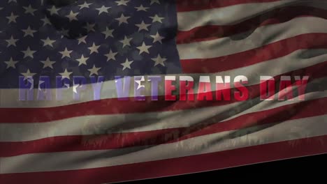 animation of american flag waving over happy veterans day text uniform camouflage pattern