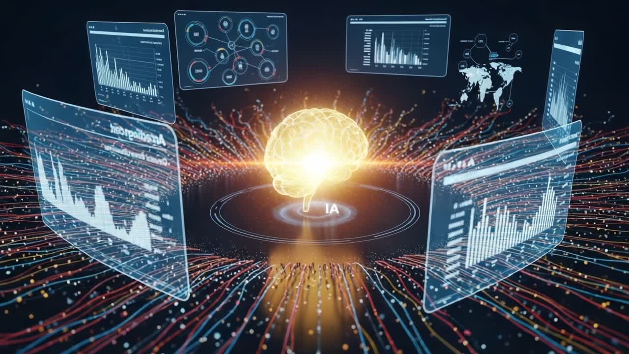 Visualization of Artificial Intelligence Technology Depicting Data Analysis and Neural Network Dynamics with a Bright Brain and Graphical Interfaces Displaying Metrics and Information