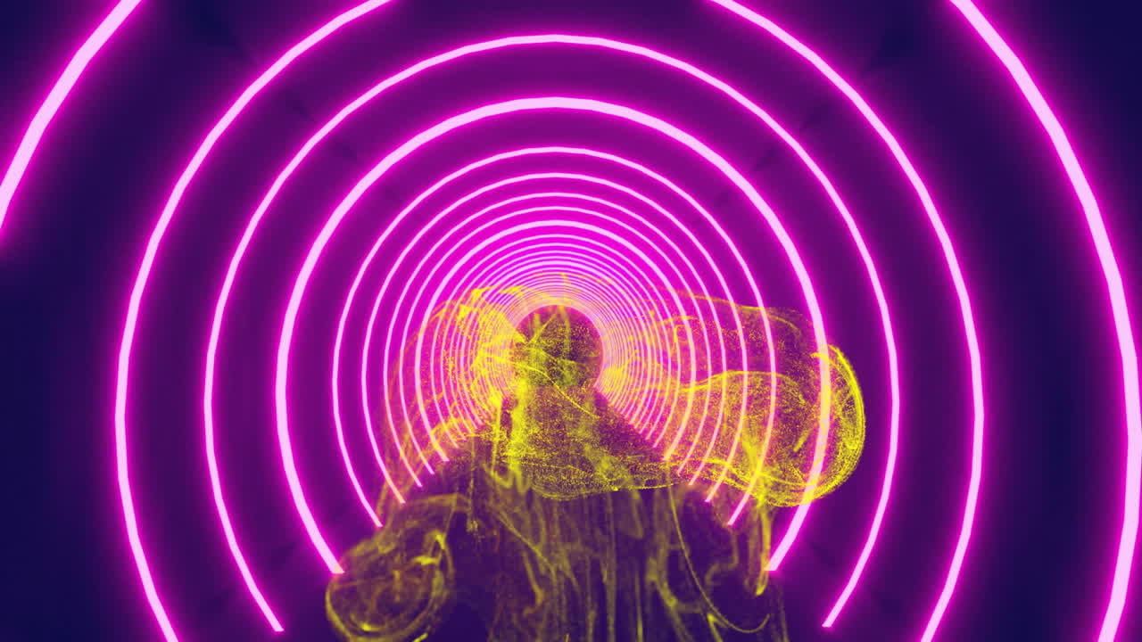 Yellow particle wave being visualized swirling through neon pink rings, using 3D render style