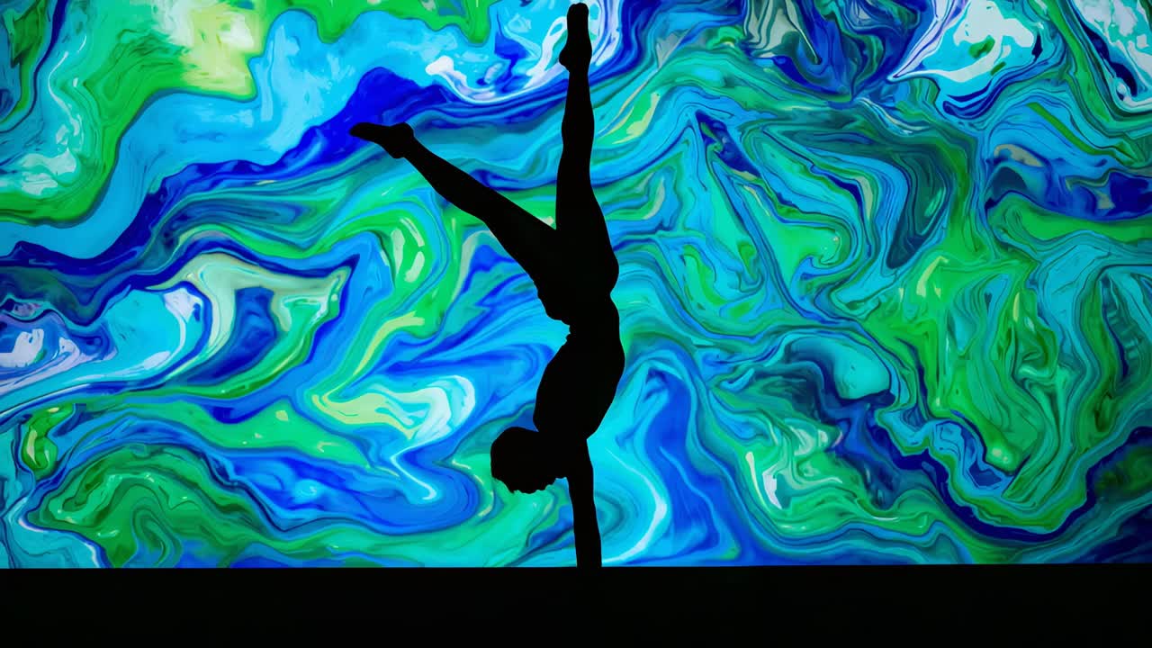 Starting inverted leotard artist adjusting legs while balancing on stage pole to steady, marble LED