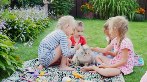 girls playing with a big cat in courtyard