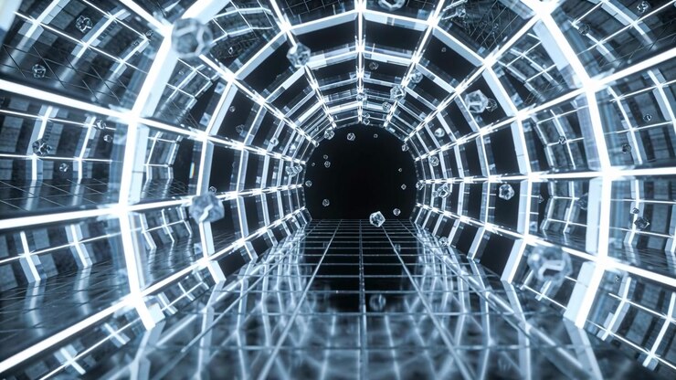 Un túnel brillante cambiante avanza en un pasillo con costillas LED, mientras la cámara empuja gotas flotantes.