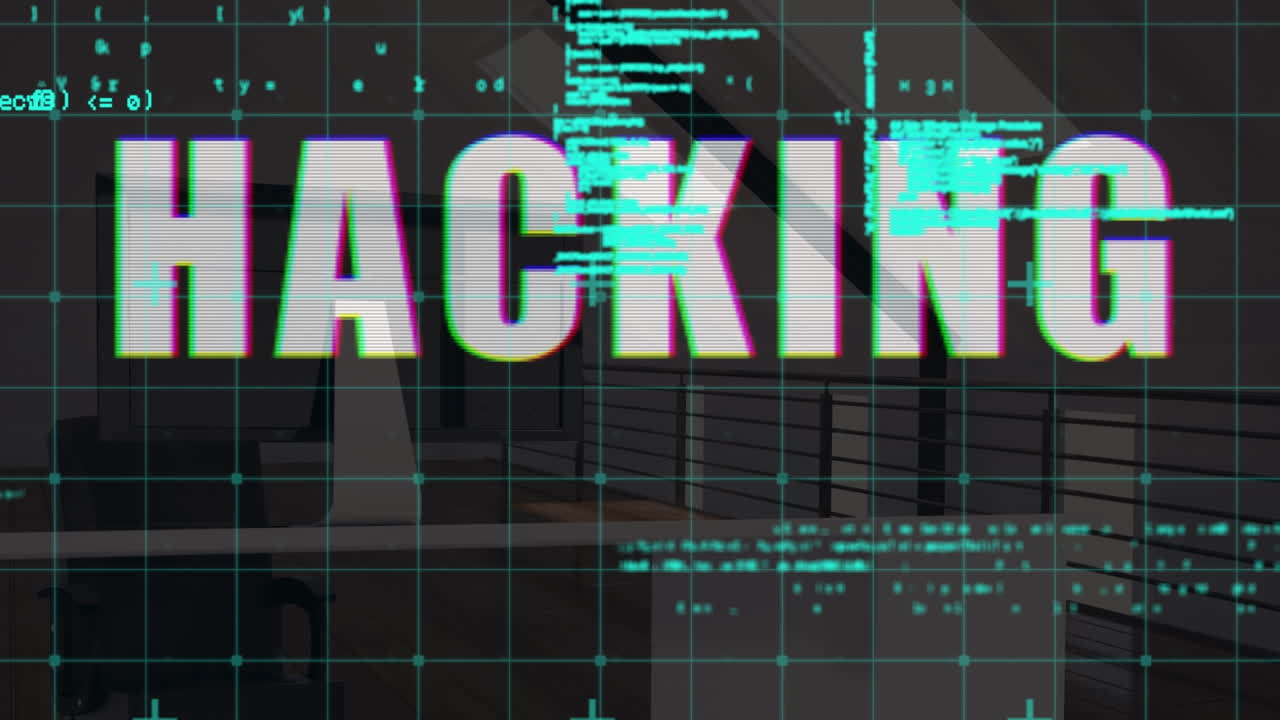 Animation of data processing and hacking text over office