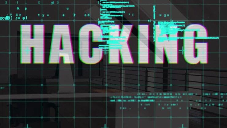 Animation of data processing and hacking text over office