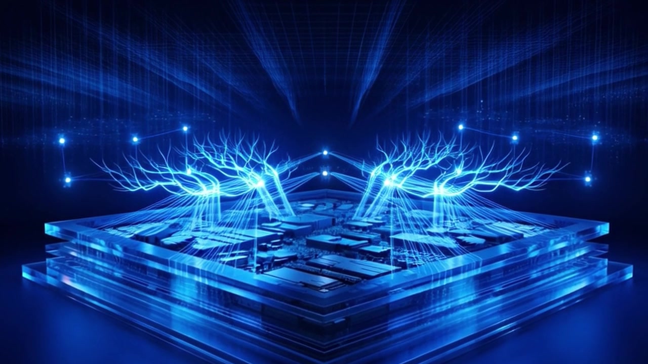 Futuristic Computer Processor Chip with Glowing Neural Network Data Streams
