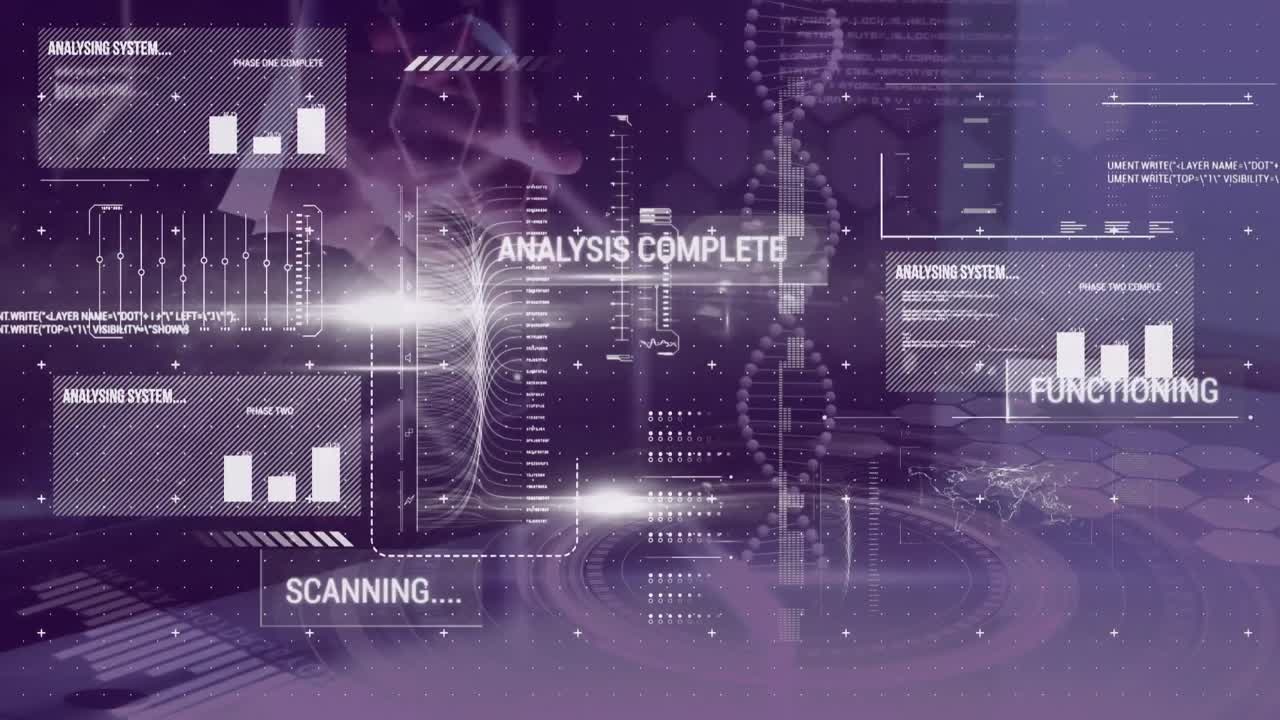 dna와 의료 데이터를 회전시키는 가상 인터페이스를 만지는 손