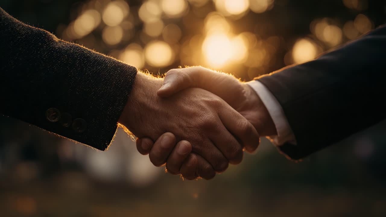 A Symbolic Gesture of Agreement and Unity: Two Hands Shaking in a Warm Sunset Background, Representing Trust and Collaboration in Professional and Personal Relationships
