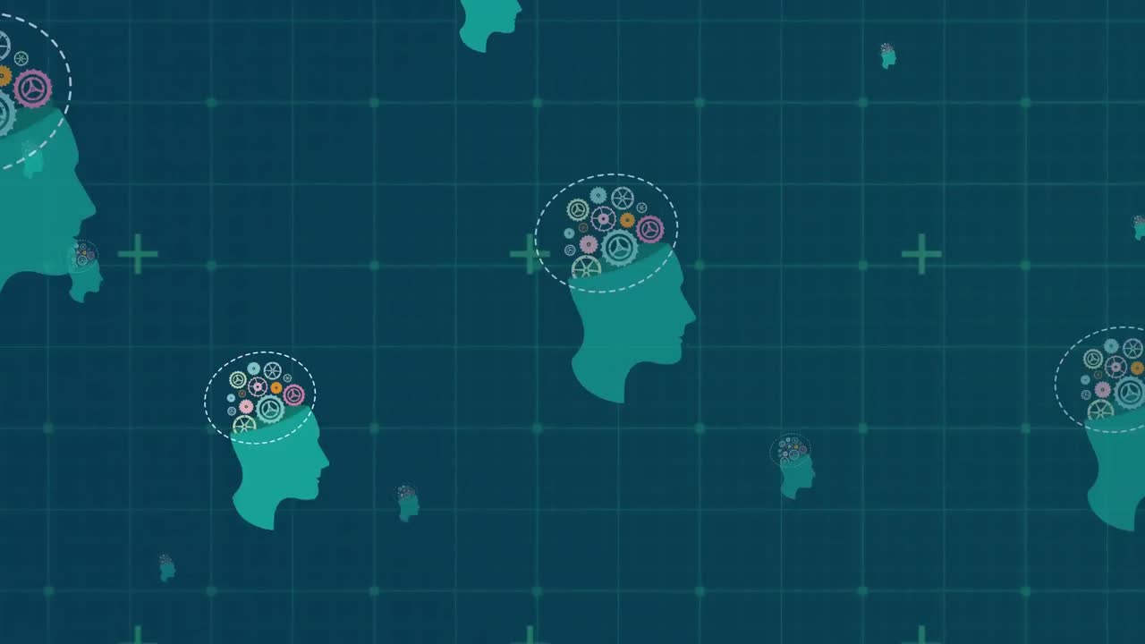 animación de cabezas con engranajes sobre fondo azul