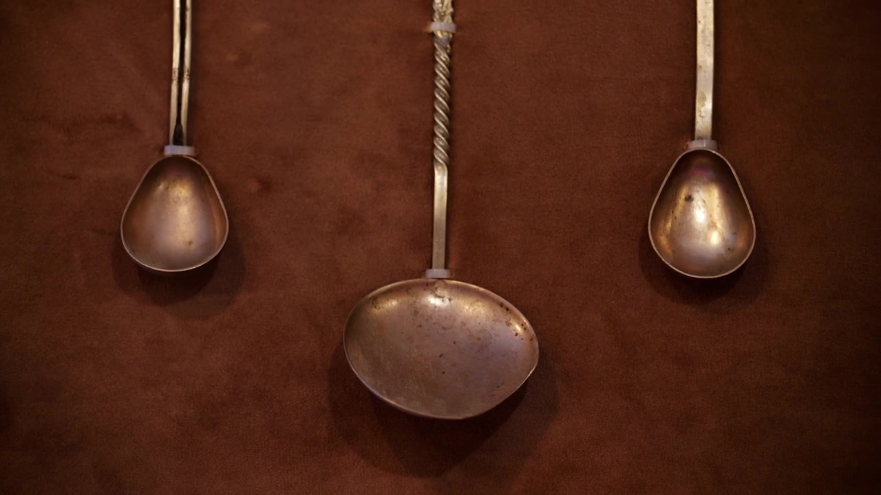 Collezione di cucchiai di metallo vintage montati verticalmente su un pannello espositivo in pelle o camoscio marrone, incorniciato con un bordo dorato.