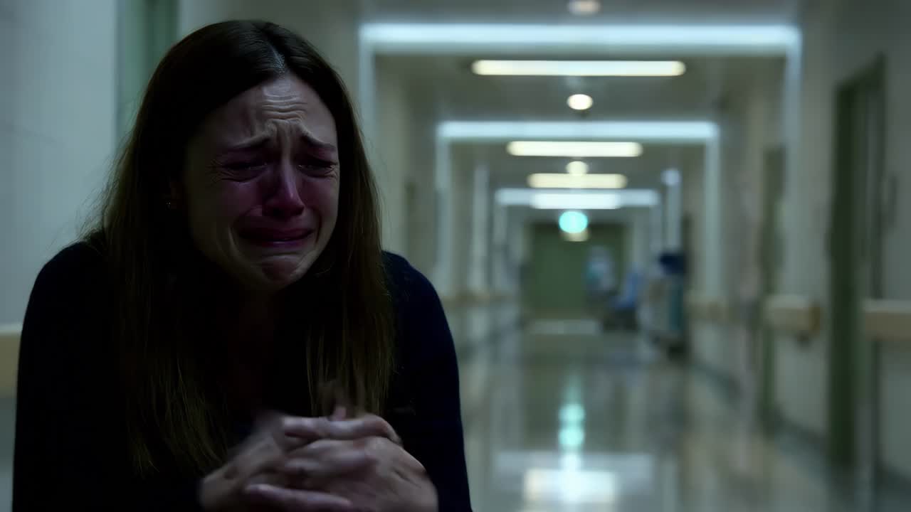 Donna che piange nel corridoio dell'ospedale