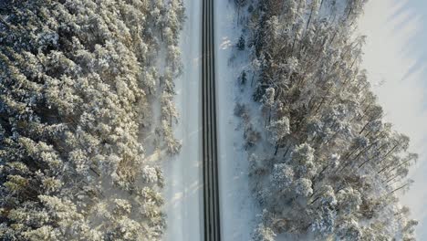 Country-Road-In-Winter-Forest-Landscape---Aerial-Drone-Shot