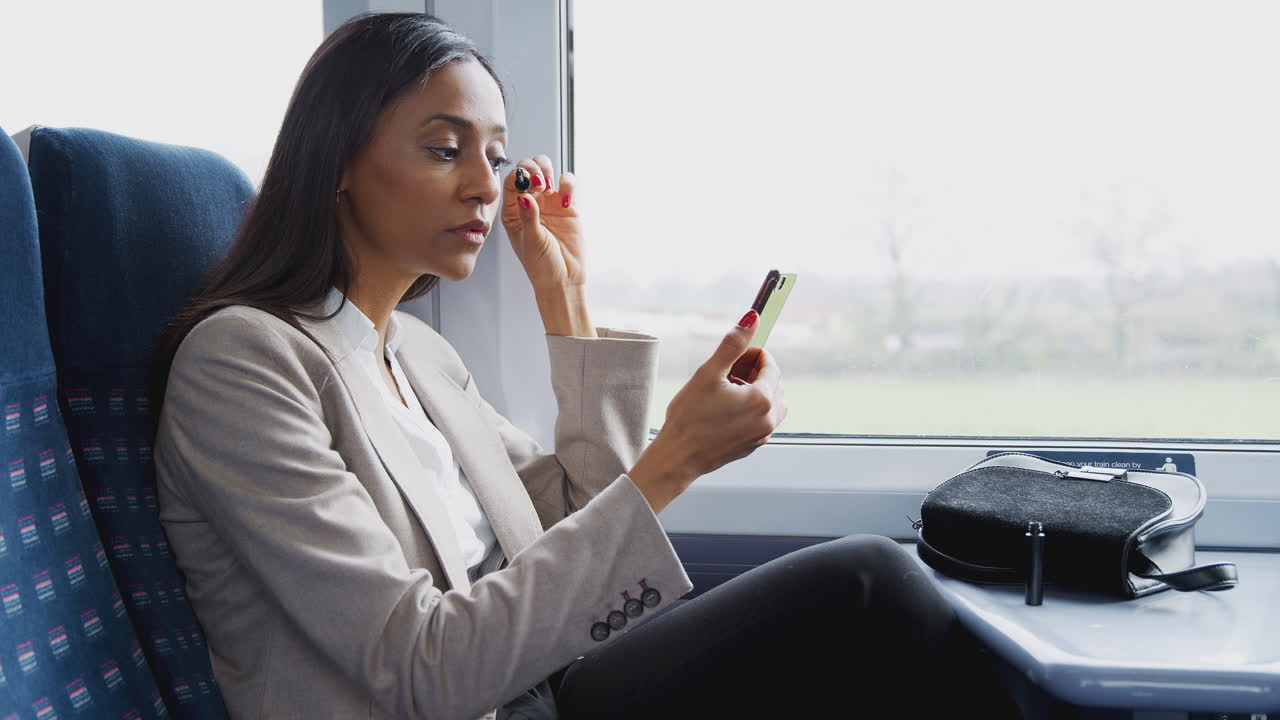 Businesswoman Sitting In Train Commuting To Work Putting On Make Up Using Mobile Phone As Mirror