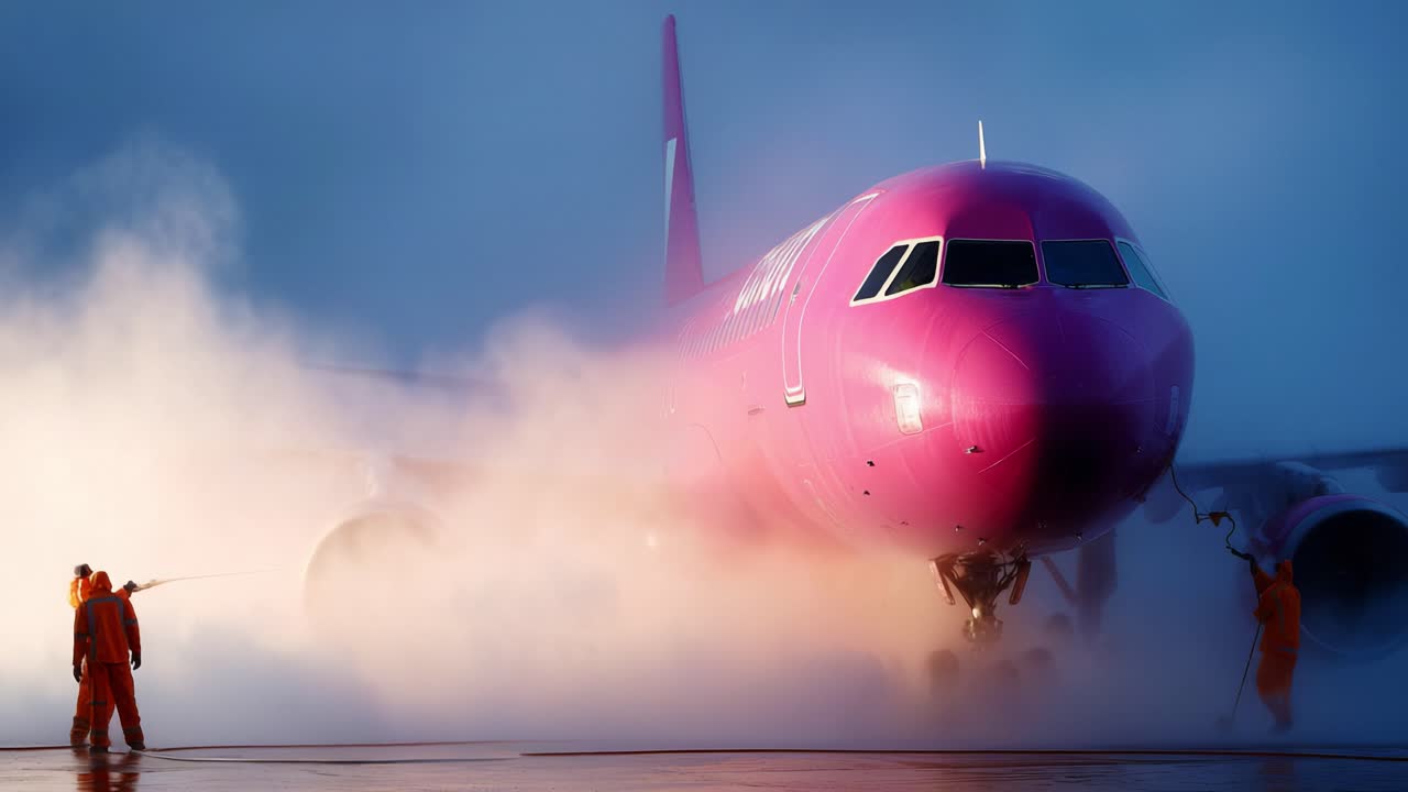 A striking pink aircraft is being meticulously cleaned and prepared for departure by dedicated ground crew, surrounded by a mystic haze that highlights its vibrant colors and the fresh morning atmosphere