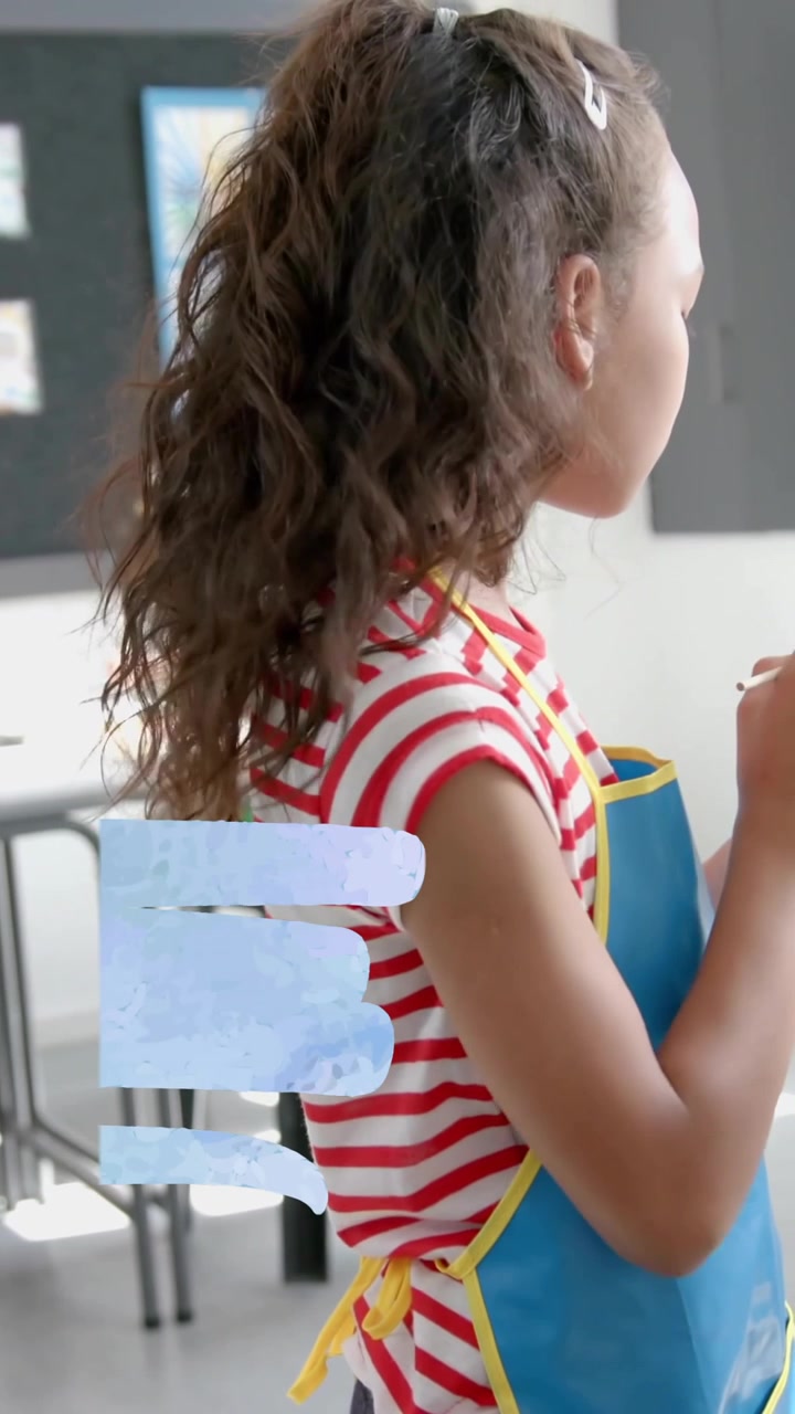 Painting on canvas, girl in striped shirt and apron in classroom animation