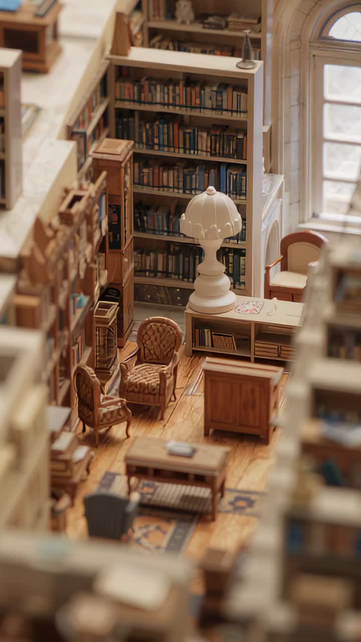 Vertical video: Moving camera ahead and tilting to focus on reading nook with bookshelves and lamp