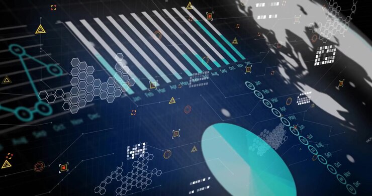 Animation of data processing over dark background